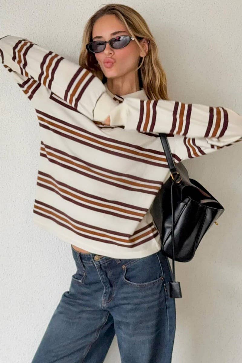 CWTBLL00563_LOOSE STRIPED POLO NECK LONG-SLEEVED TOP