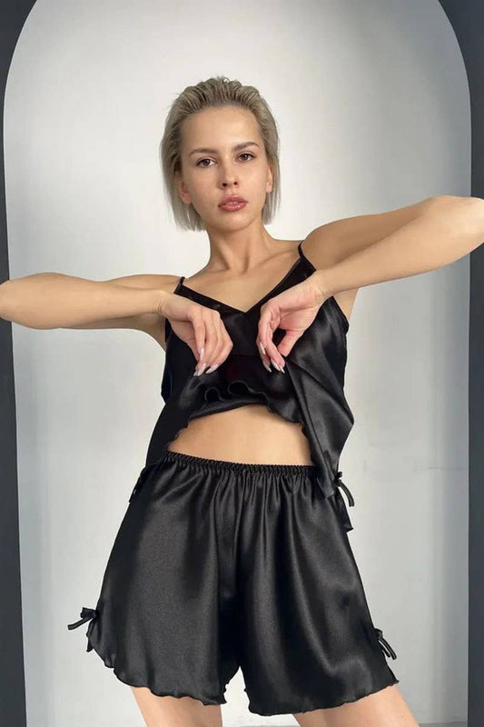 CWSPJ0380_BLACK SATIN SHORTS SUSPENDERS HOME WEAR SET
