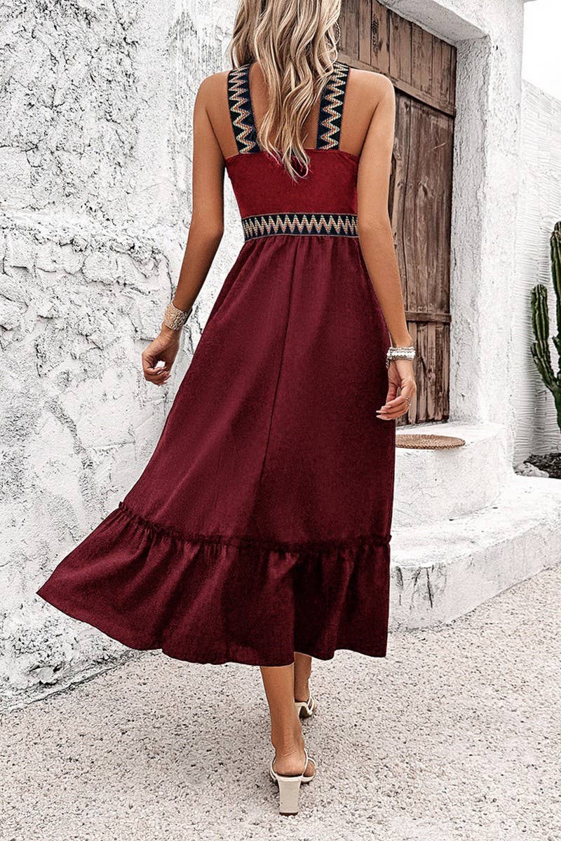 CWDTD0413_HIGH WAIST HALTER NECK CONTRAST COLOR SLIT DRESS