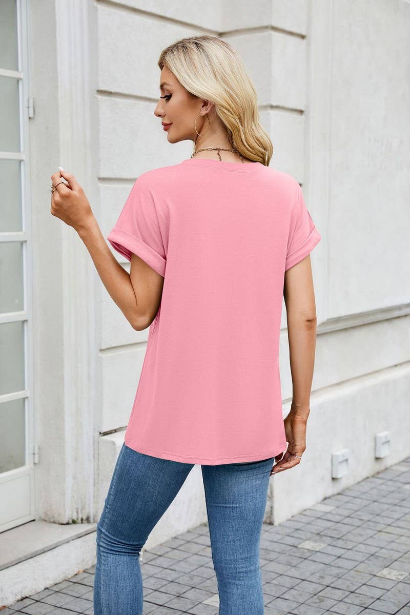 CWTBLS1728_SOLID COLOR ROUND NECK T-SHIRT SHORT SLEEVE TOP