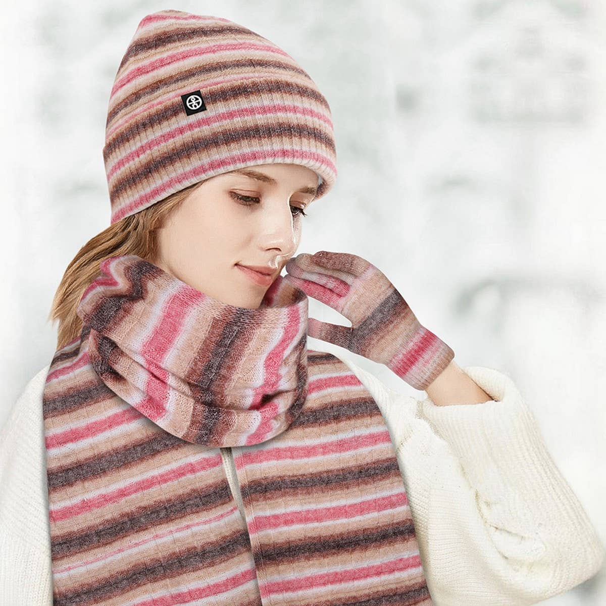 WINTER STRIPED GRADIENT SCARF THREE-PIECE SET