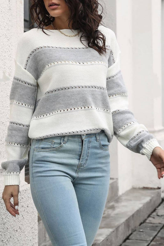 CWOSWL6409_OFF-THE-SHOULDER STRIPED LONG-SLEEVED SWEATER