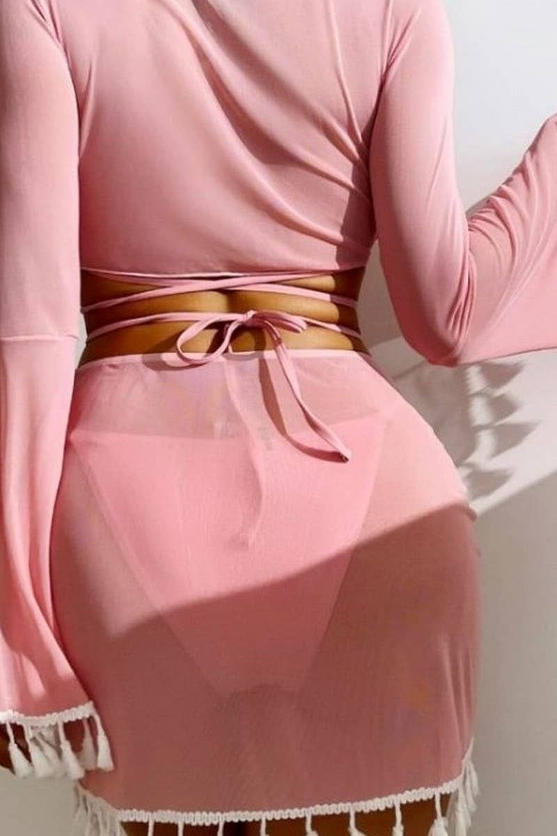 CWMW0880_TASSEL COVER-UP MESH SKIRT BIKINI SWIMSUIT SET