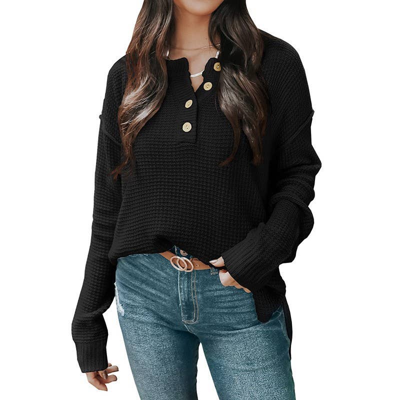 BUTTON-DOWN V-NECK LONG-SLEEVED PULLOVER SWEATER
