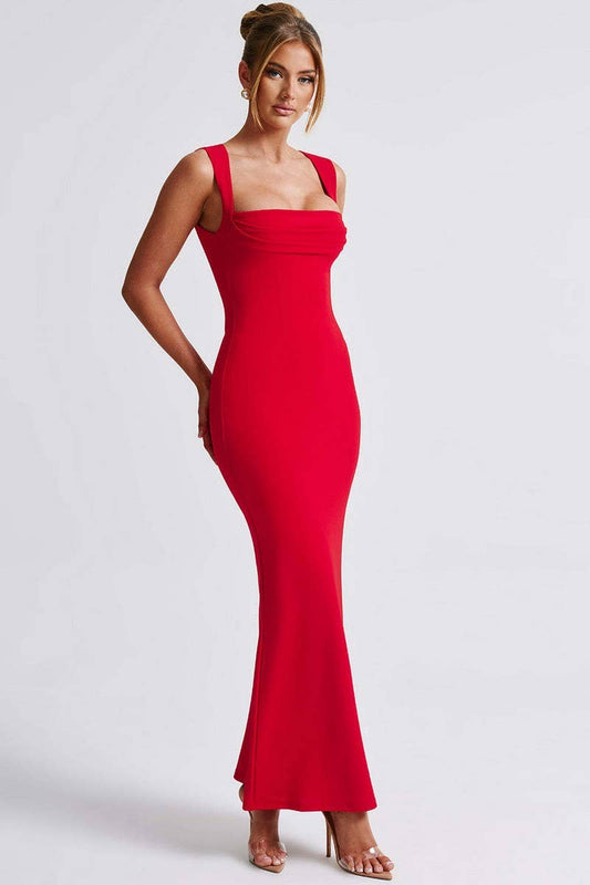 CWDMD5608_SQUARE NECK WAIST SLIMMING SOLID LONG DRESS