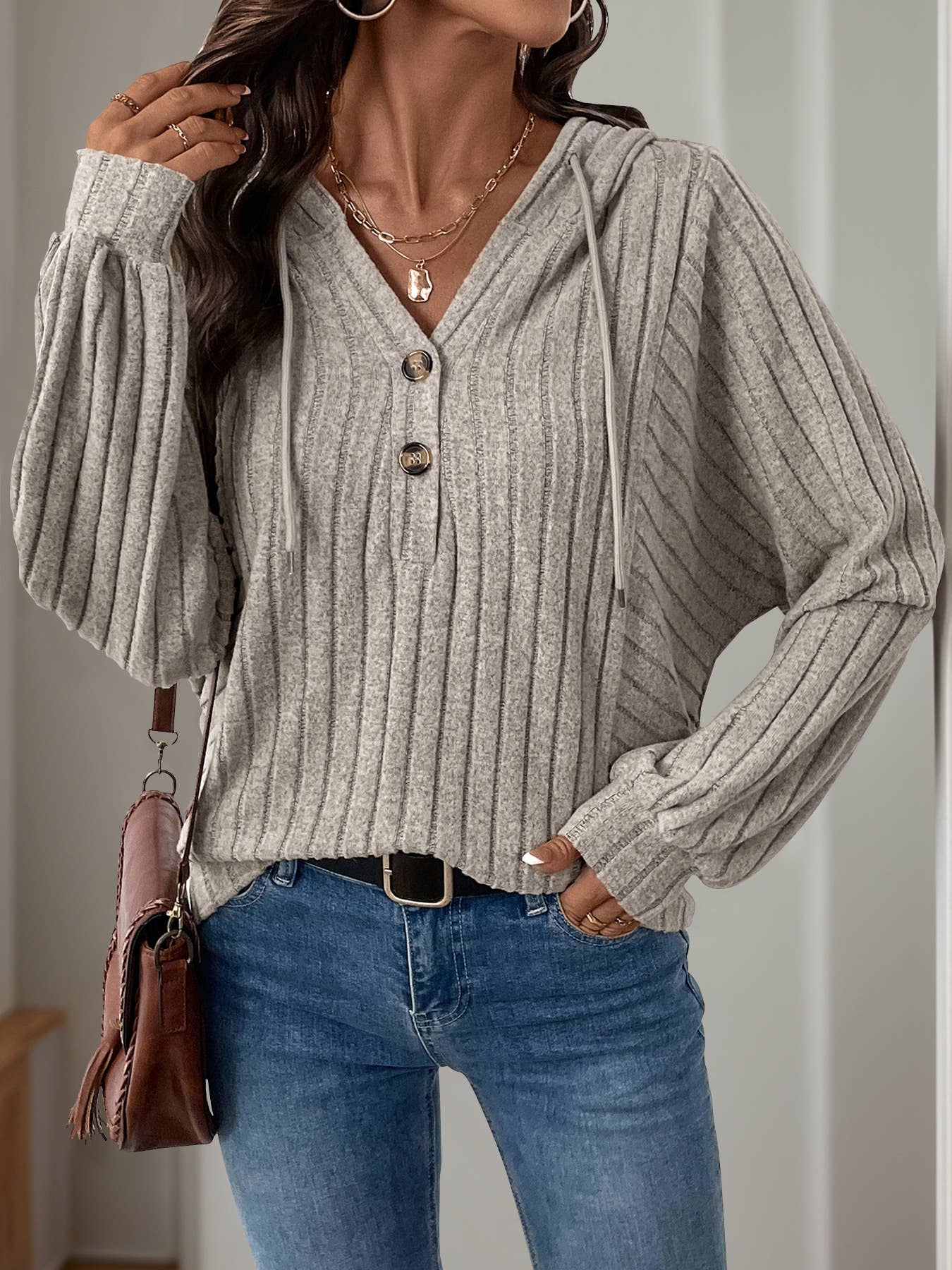 Casual striped hooded solid-color knitted top
