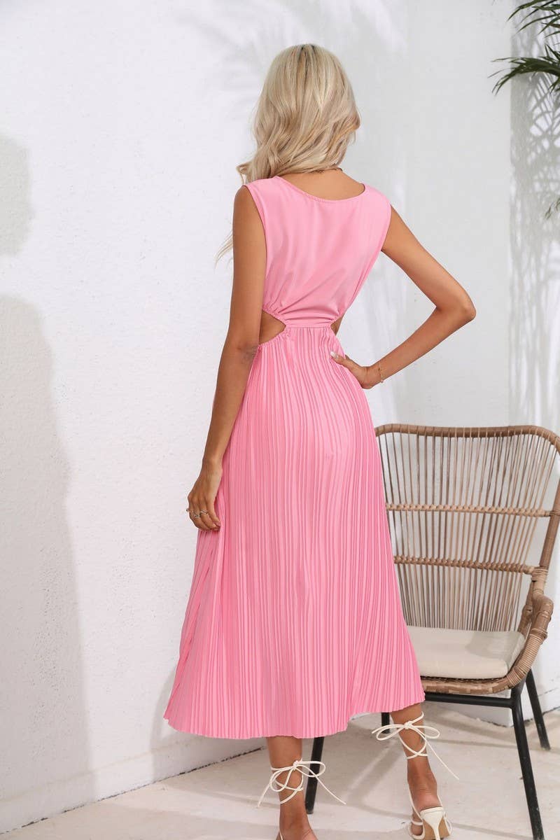 CWDSD2930_Round Neck Sleeveless Winkled Texture Dress