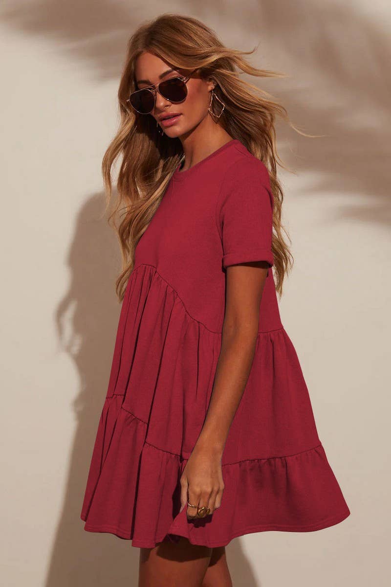 CWDSD7774_CASUAL POCKETED SHORT SLEEVE RUFFLED DRESS