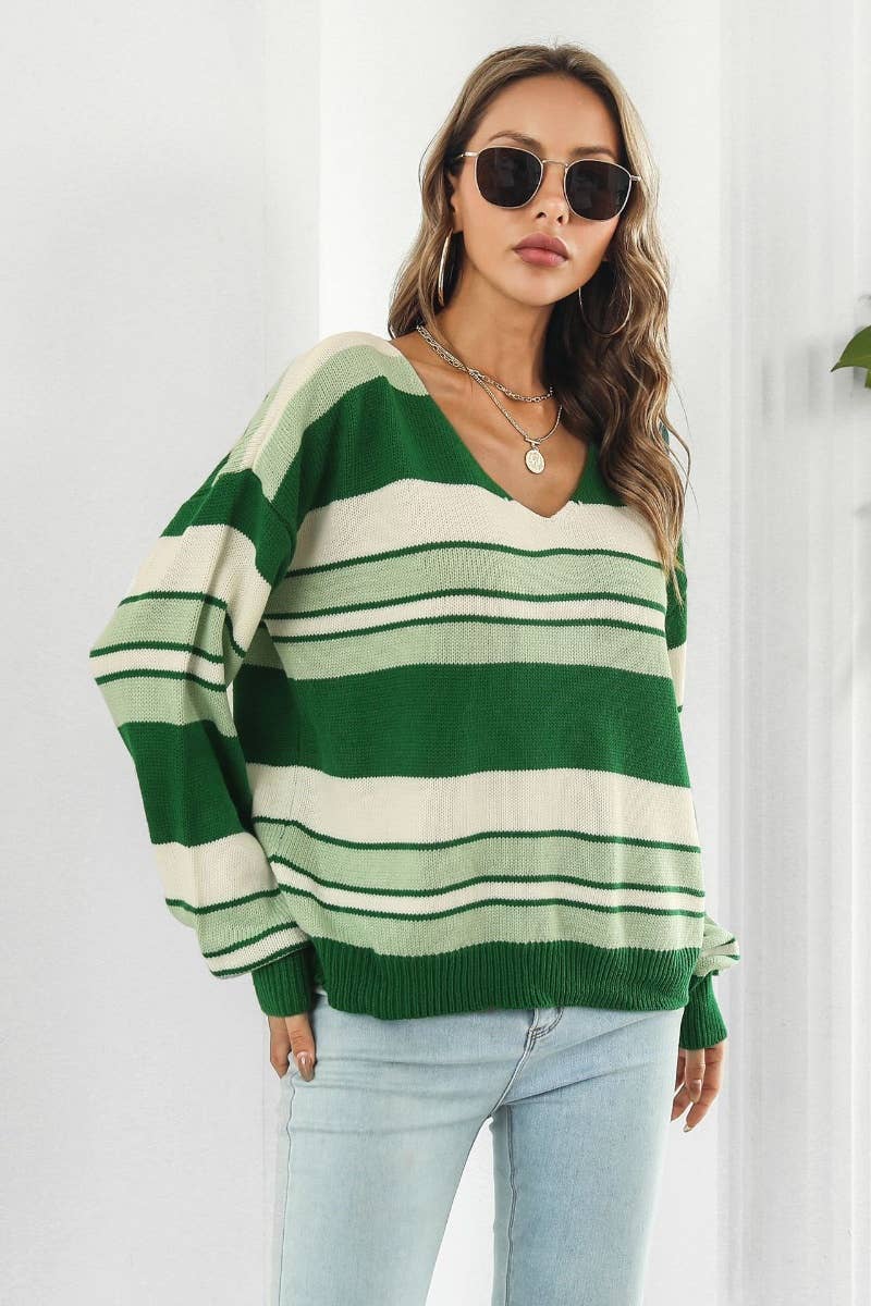 CWOSWL6401_LOOSE V-NECK STRIPED LONG-SLEEVED SWEATER