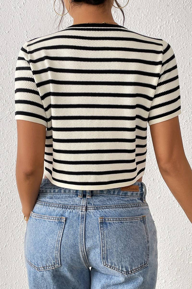 CWTTS1589_STRIPED LACE-UP STYLISH SHORT-SLEEVED SWEATER