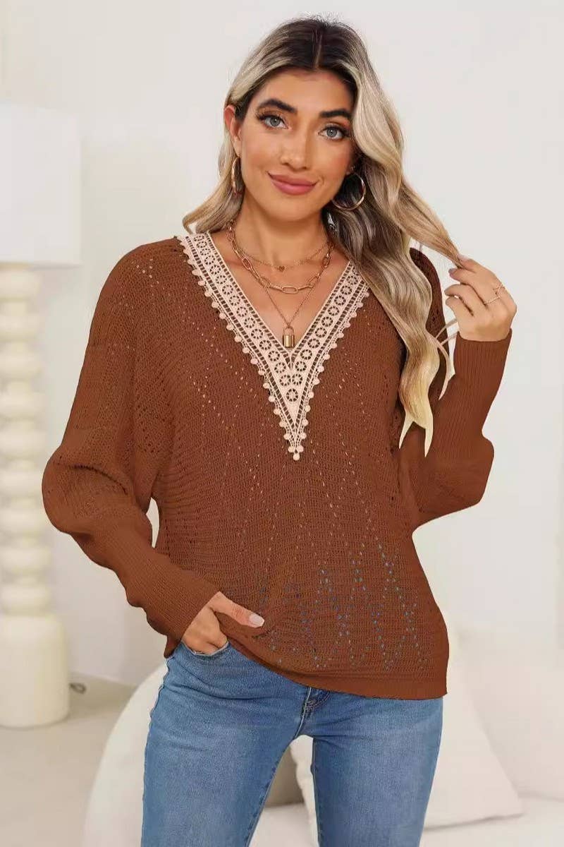CWOSWL07411_WOMEN LACE V-NECK SLEEVE KNIT SWEATER