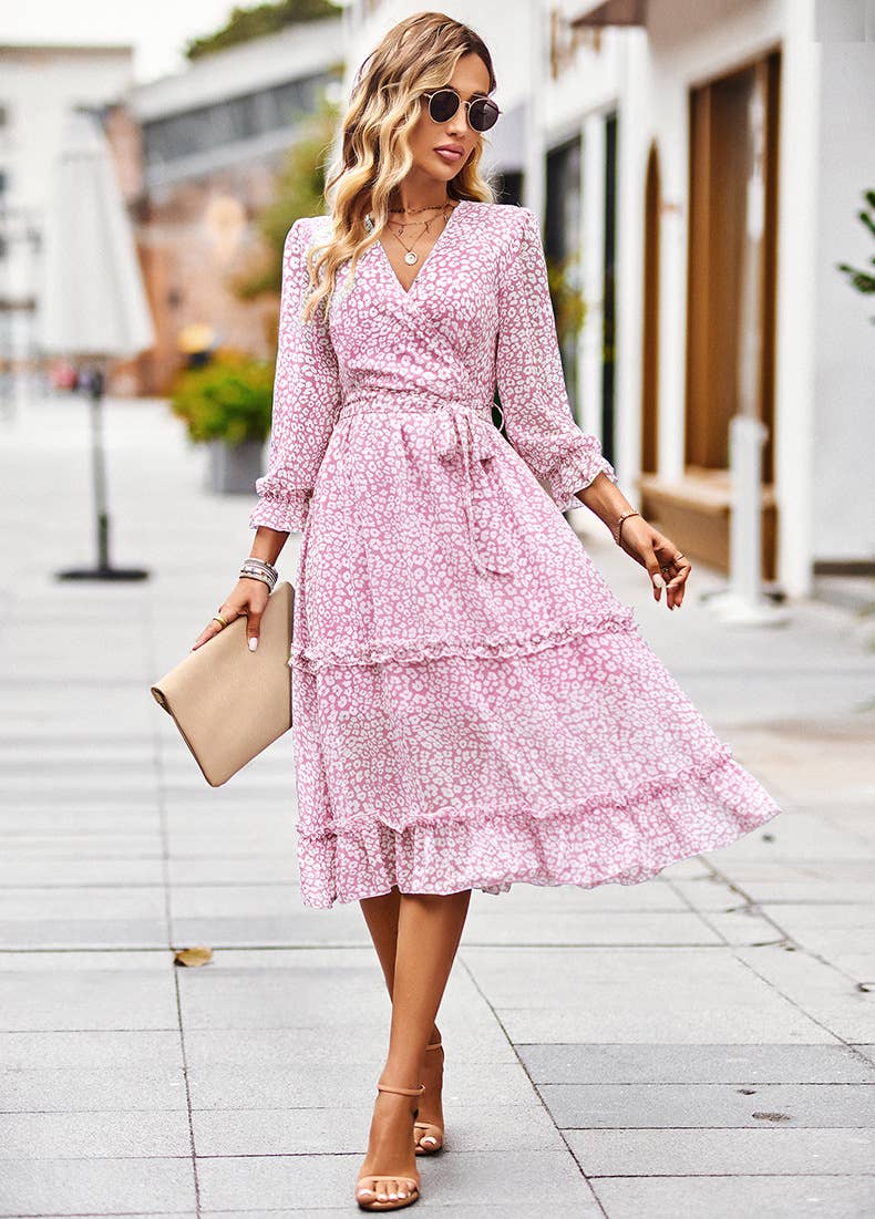 Elegant V-neck seven-point sleeve lace-up dress
