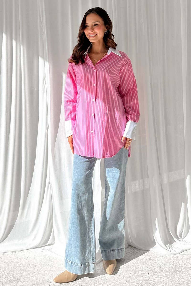 CWTBLL00718_LAPEL BLUE AND WHITE STRIPED COLORBLOCK SHIRT