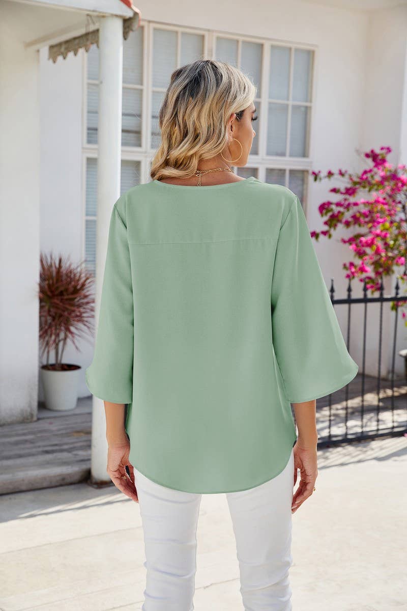 CWTBLS0871_SOLID COLOR V-NECK MID-SLEEVE LOOSE TOP