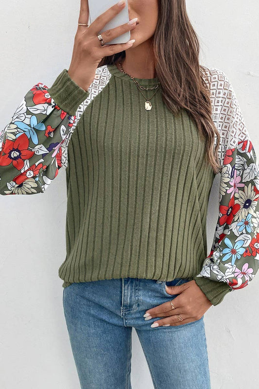 CWOSWL6839_NEW ROUND NECK FLORAL PATTERN COLORBLOCK SWEATER
