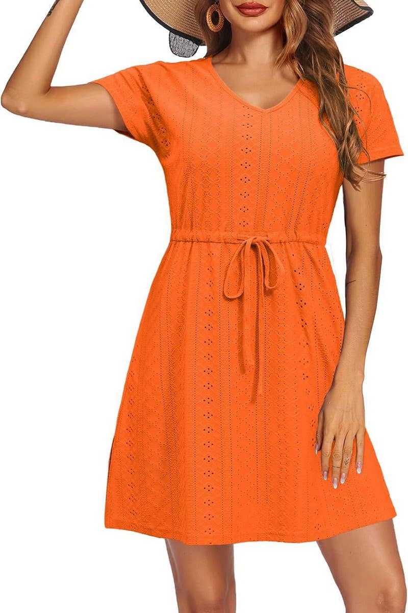 CWDSD8710_EYELET V-NECK CINCHED WAIST BEACH COVER UP DRESS