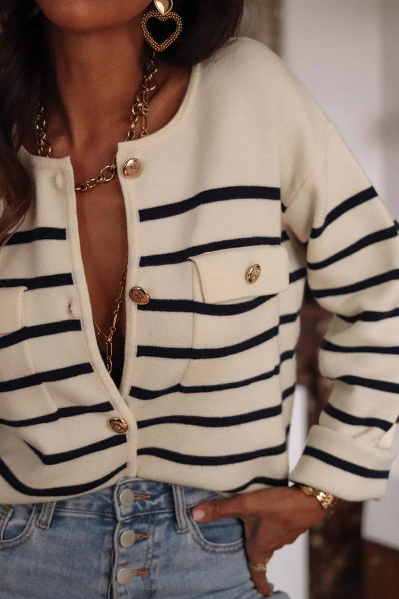 CWOCAL00715_BLACK AND WHITE STRIPED KNITTED CARDIGAN