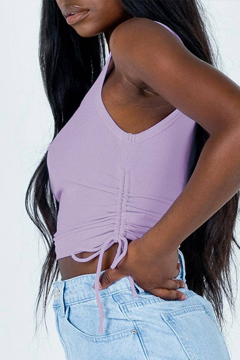 CWTTK0501_GATHERED RIBBED DRAWSTRING CROPPED TANK TOP