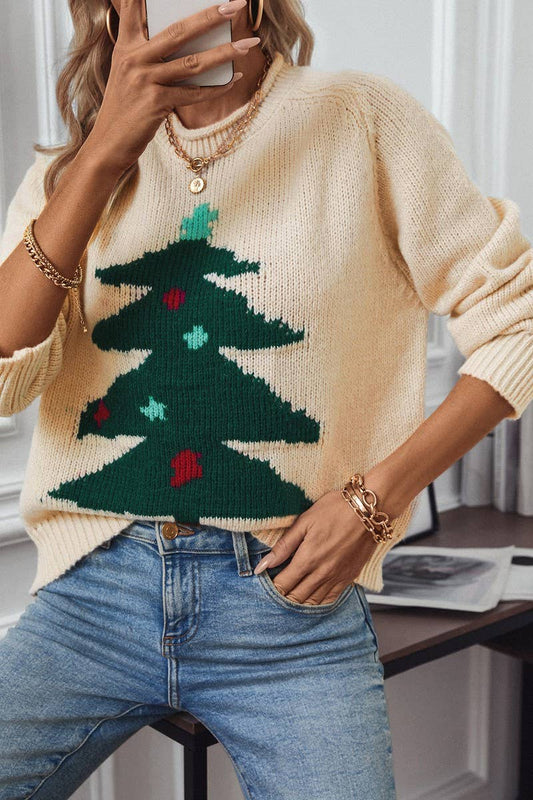 CWOSWL2835_CHRISTMAS TREE PRINT PULLOVER SWEATER
