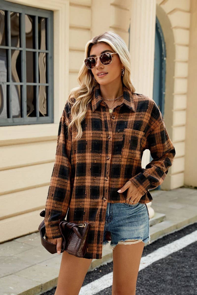 CWOBL0186_FLIP COLLAR VINTAGE CROCHET CHECKERED SHIRT