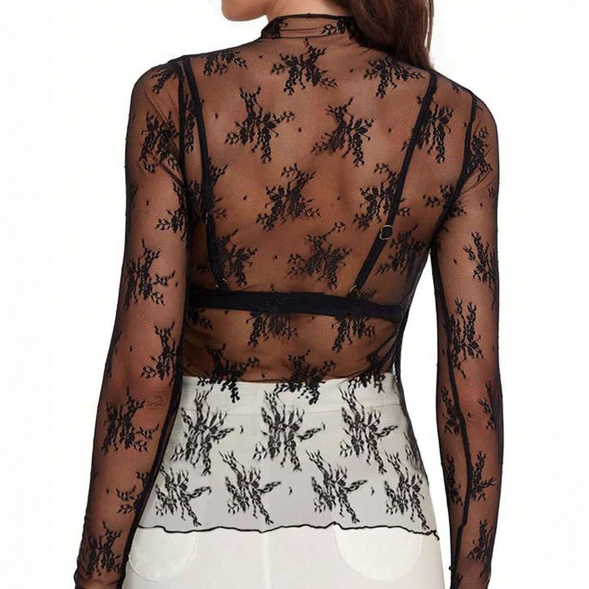 Semi Sheer Mesh Lace Sexy Slim Bottoming Shirt