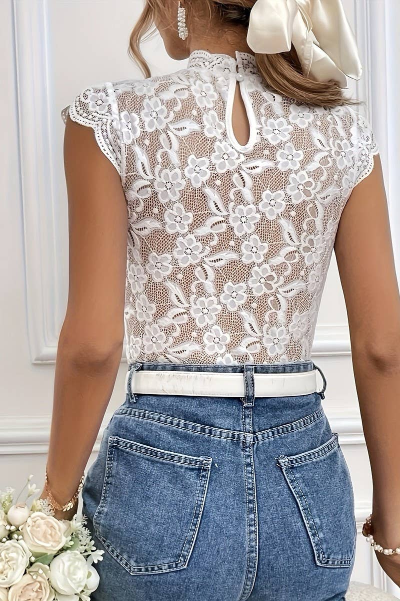 CWTDSS0064_SOLID COLOR LACE STAND COLLAR SHORT SLEEVE TOP