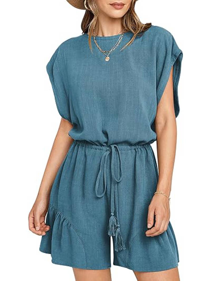 COTTON LINEN CASUAL BELTED SHORT SLEEVE ROMPER