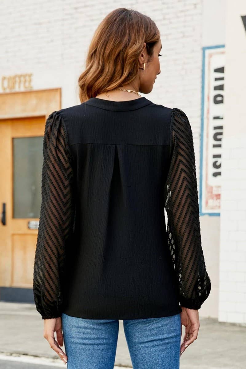 CWTBLL3999_SOLID V-NECK LACE PANEL CHIFFON BLOUSE