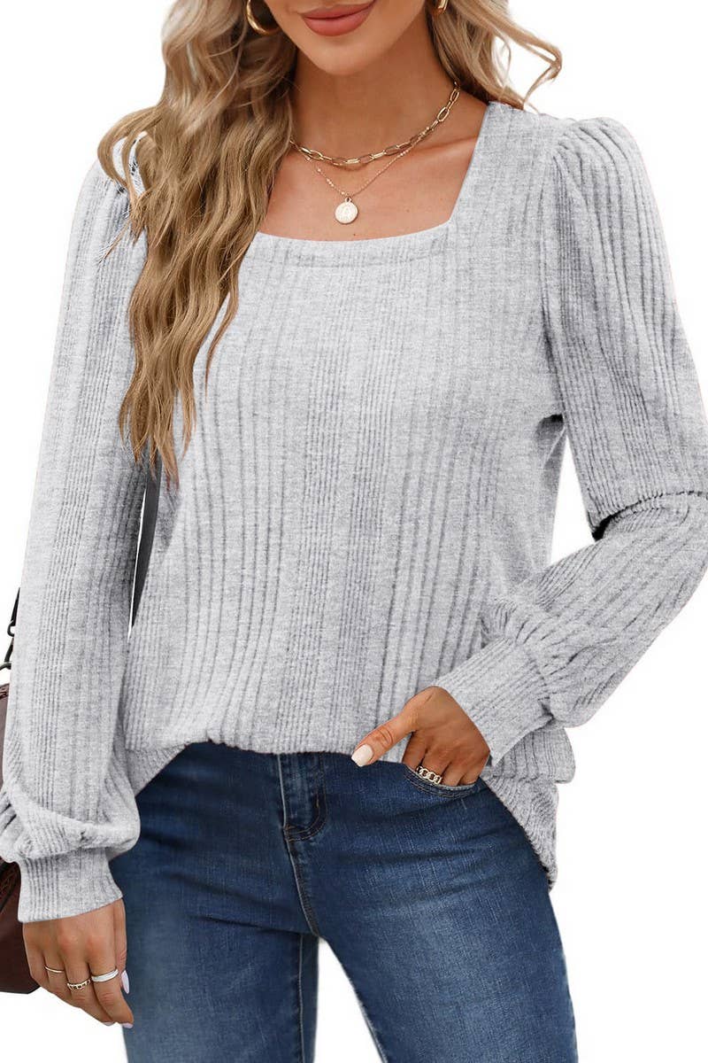CWTBLL01084_RIBBED SQUARE NECK CASUAL LONG SLEEVE TOP