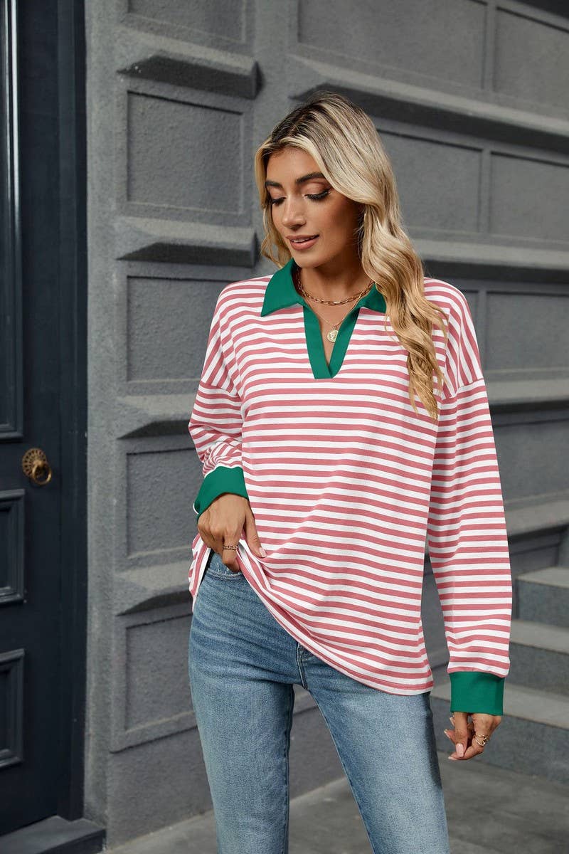 CWTBLL2361_CONTRAST COLOR LAPEL LOOSE STRIPED SWEATSHIRT
