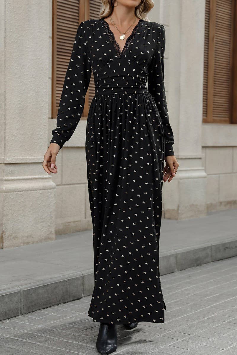 CWDMD6285_VINTAGE LACE V-NECK BOW PRINT LONG SLEEVE DRESS