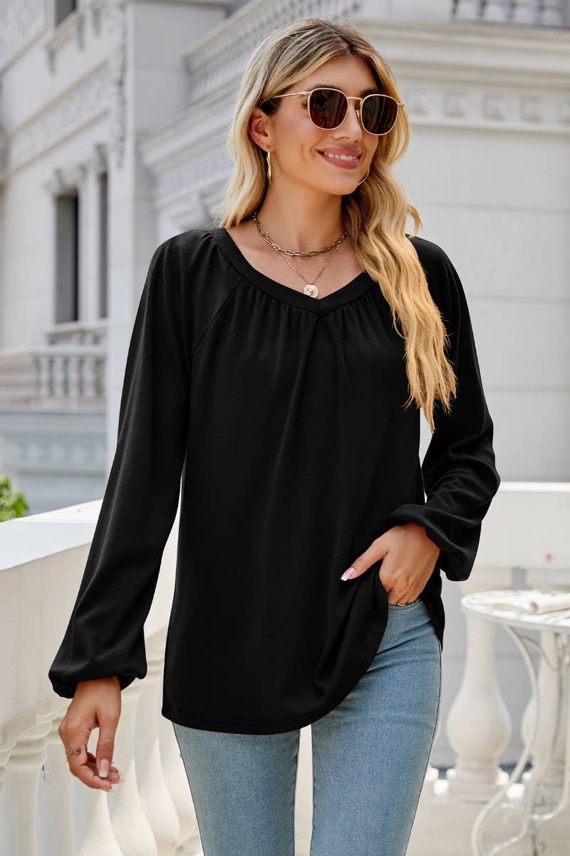 CWTBLL2858_LOOSE PLEATED V-NECK LONG SLEEVE TOP