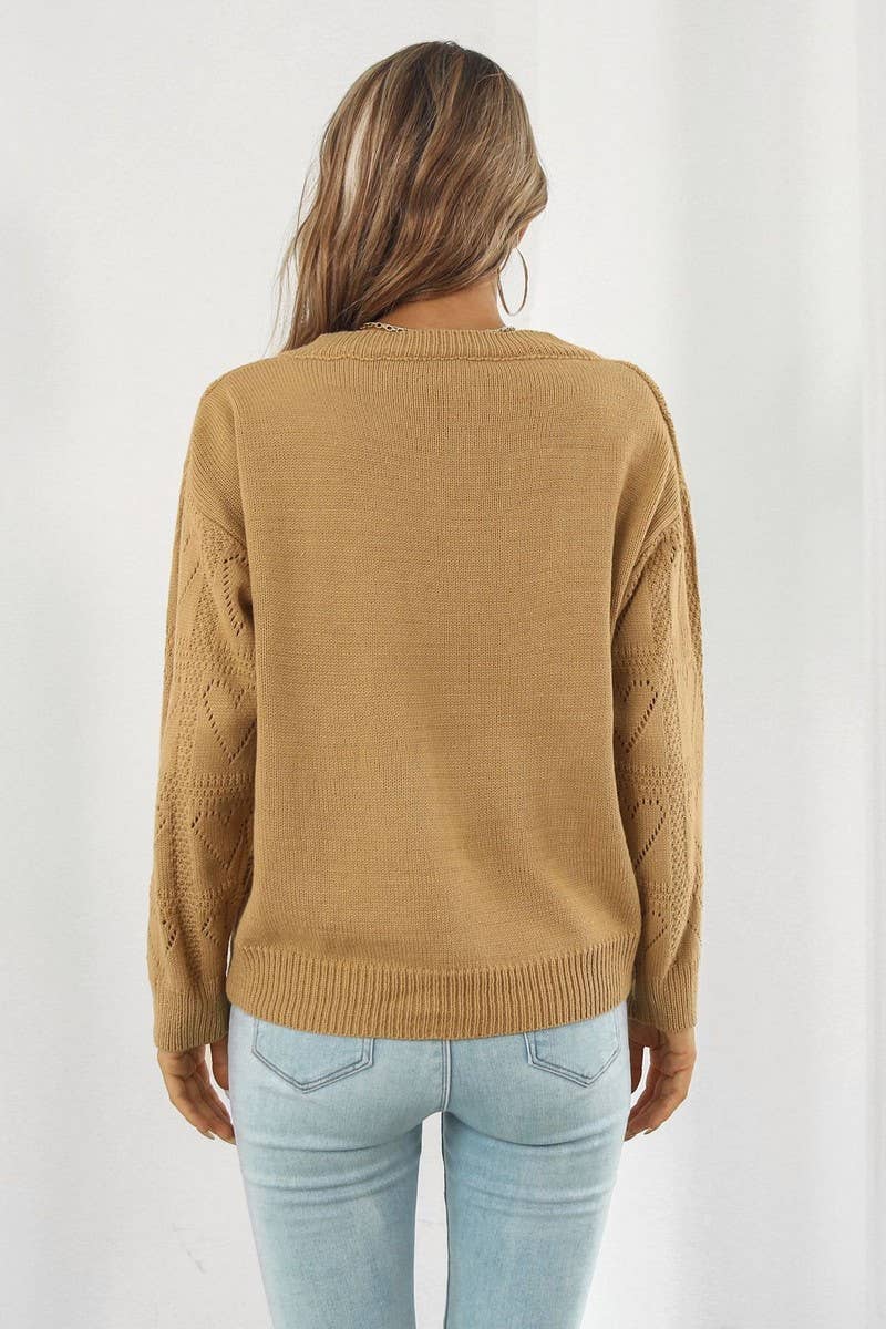 CWOSWL3968_V-NECK HOLLOW HEART PLAID KNITTED SWEATER