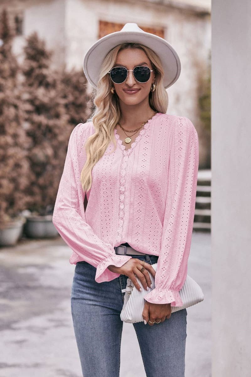 CWTBLL2739_SOLID COLOR HOLLOW LACE LONG-SLEEVED TOP