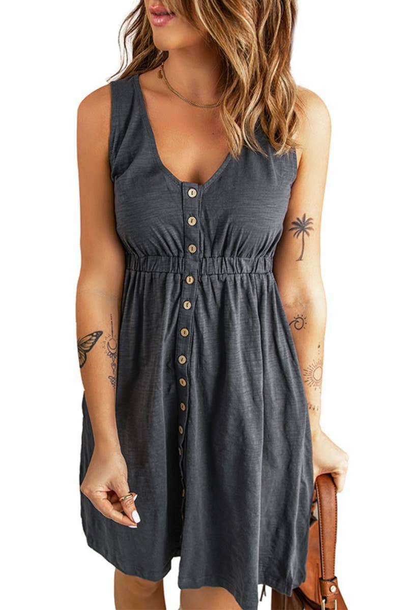 CWDHL0586_SLEEVELESS V-NECK SINGLE BREASTED DRESS SHORT