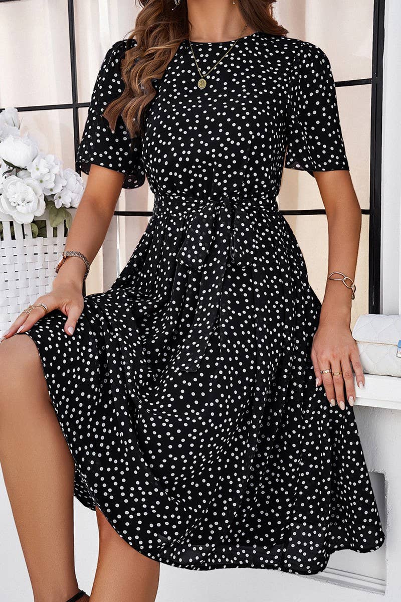 CWDSD7139_TEMPERAMENT CASUAL POLKA DOT LACE-UP PRINT DRESS