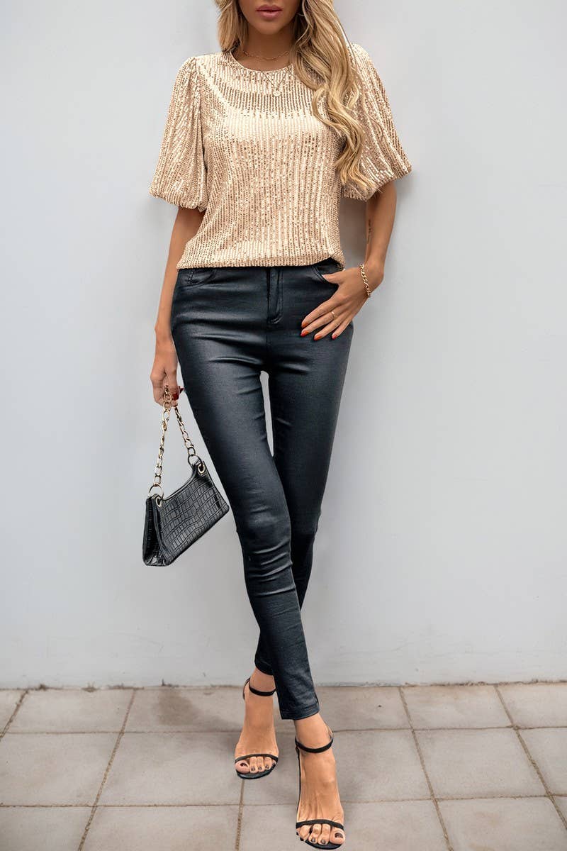 CWTBLS1849_ROUND NECK RETRO BELL SLEEVE SEQUIN TOP