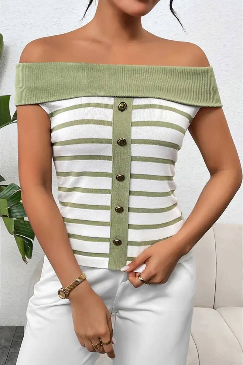 CWTTS1306_FASHION STRIPED OFF-SHOULDER BOAT NECK SWEATER
