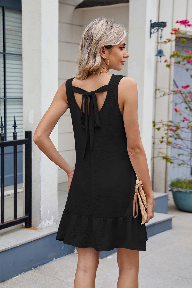 CWDSD8724_SOLID CREW NECK SLEEVELESS BACKLESS TIE DRESS