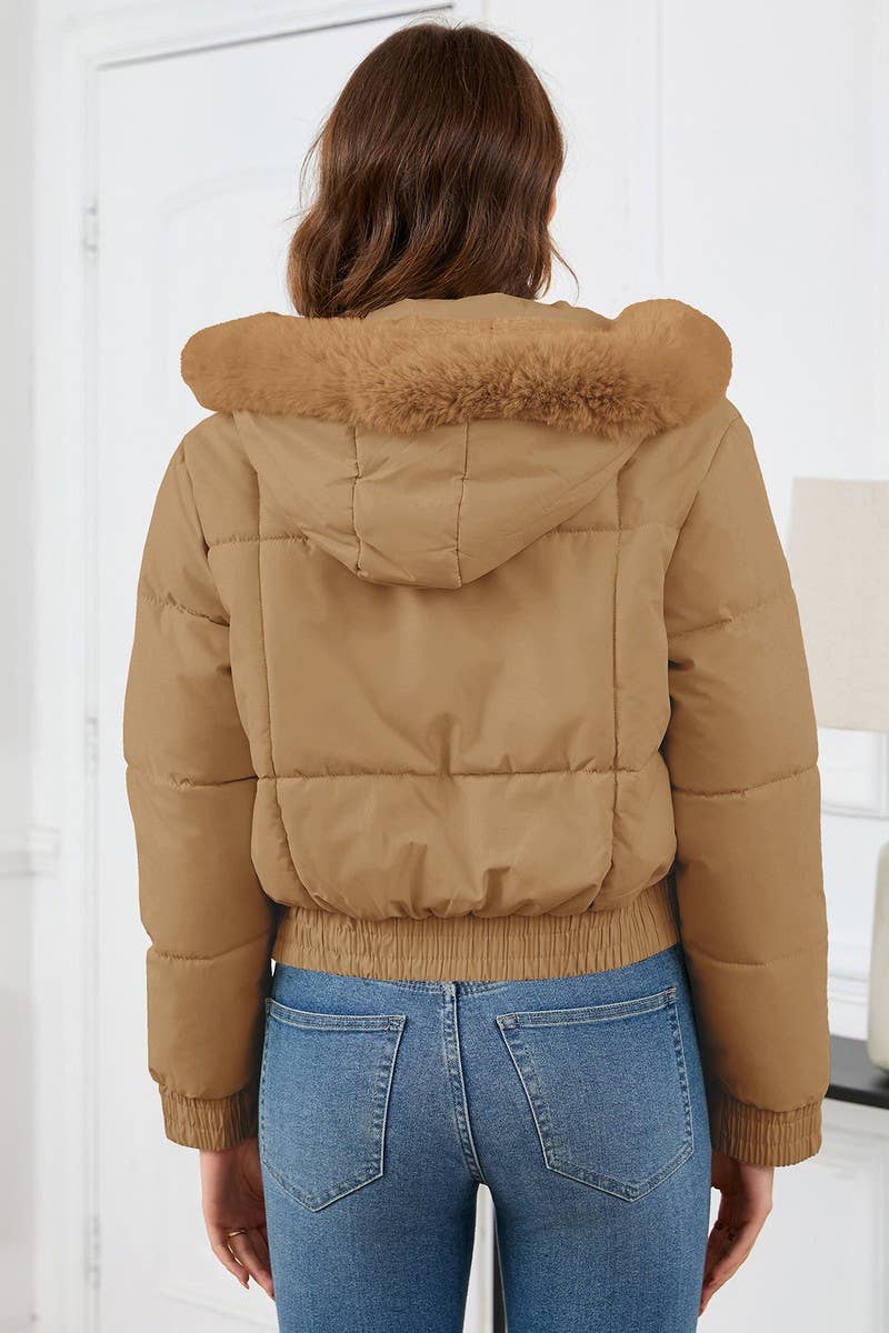 CWOCO0948_SHORT THICK FUR COLLAR HOODED PLUSH COTTON COAT