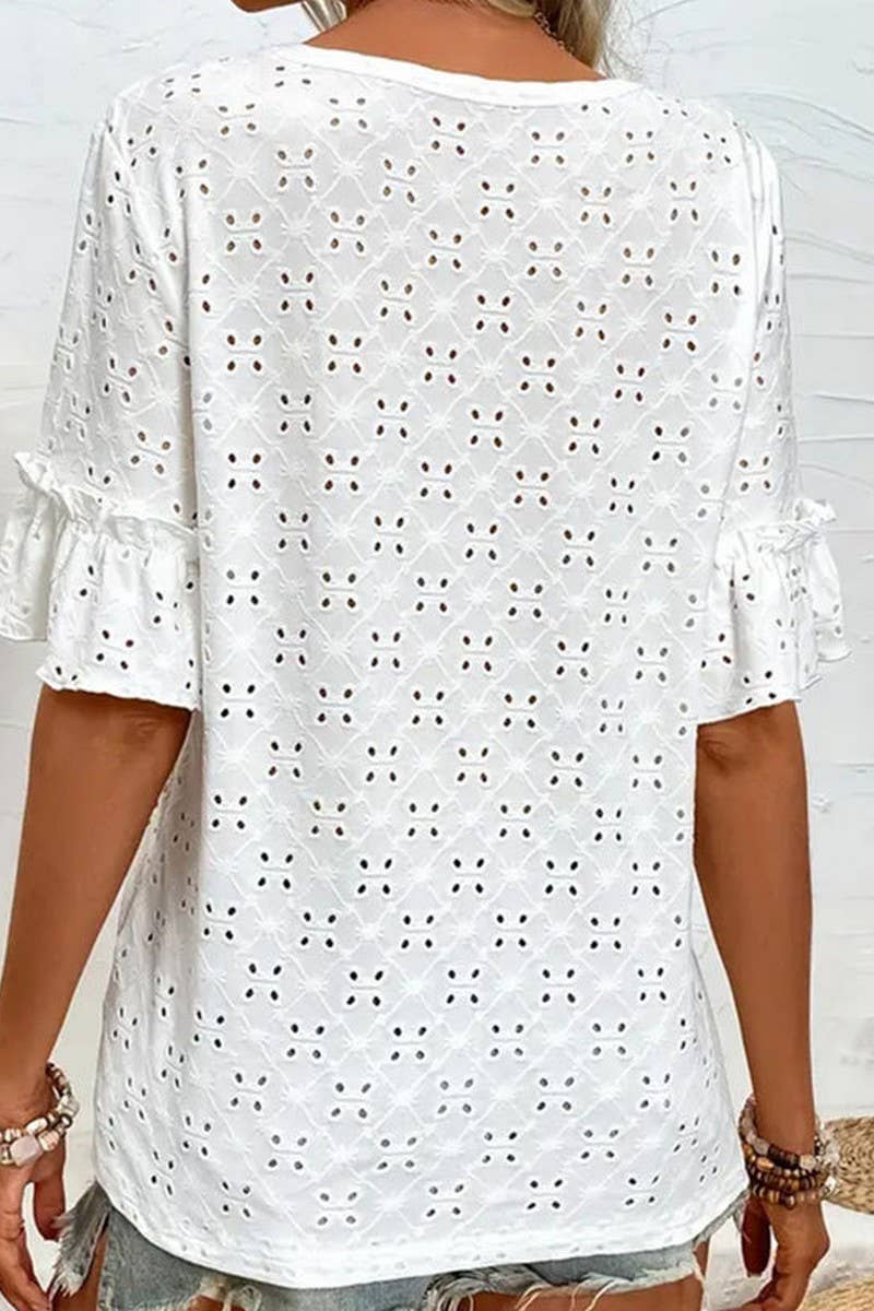 CWTTS1394_V-NECK HOLLOW RUFFLE SHORT-SLEEVED T-SHIRT