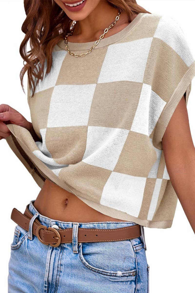CWTTS1362_SUMMER NAVEL CHECKERBOARD SHORT SLEEVE KNIT TOP