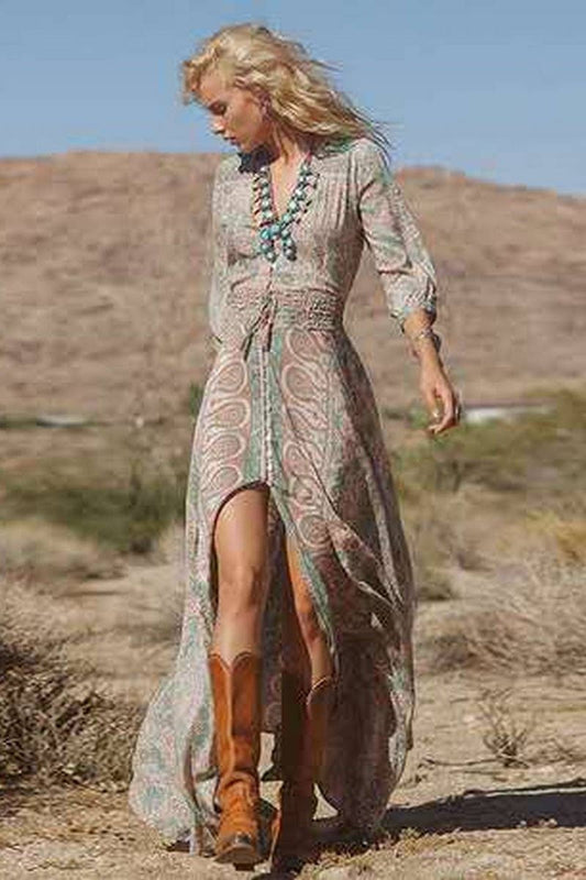 CWDMD01230_V-NECK PRINTED LONG-SLEEVED DRESS