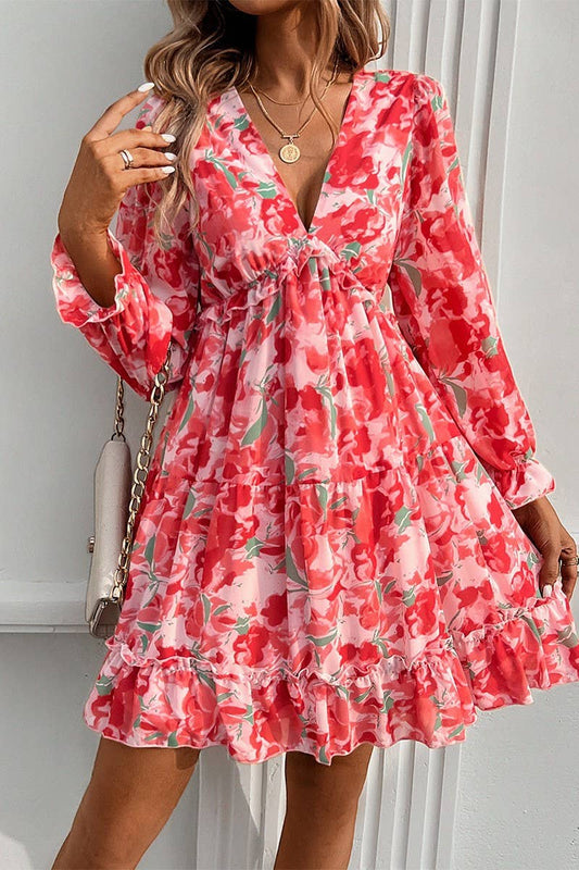 CWDSD7137_ELEGANT PRINTED V NECK LONG SLEEVE DRESS