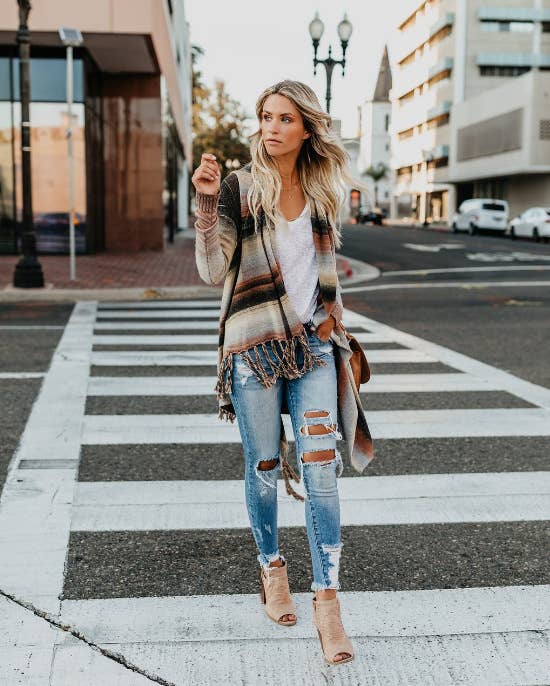 Cape knitted cardigan striped long sleeve fringe long style