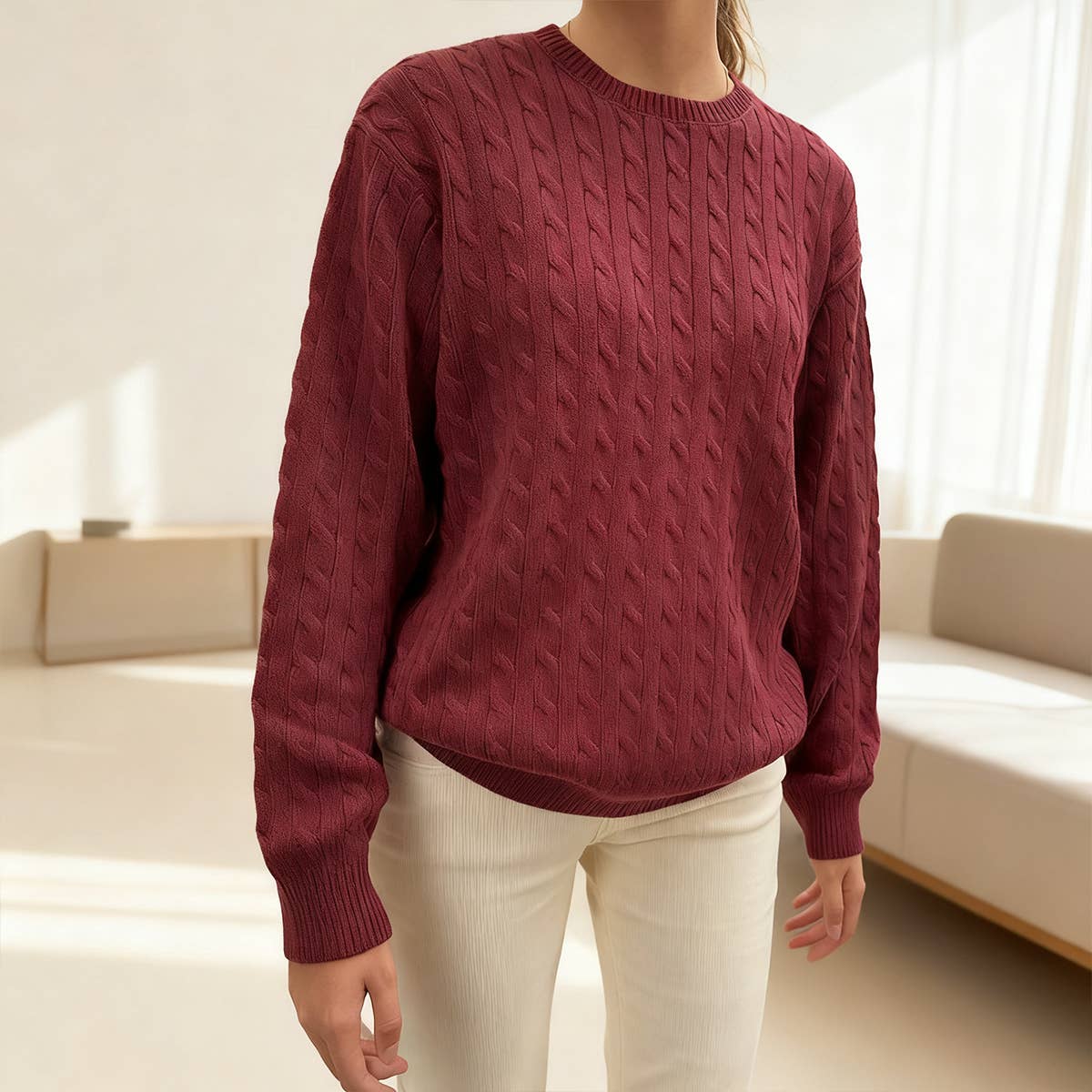 Casual solid-color long-sleeved base sweater