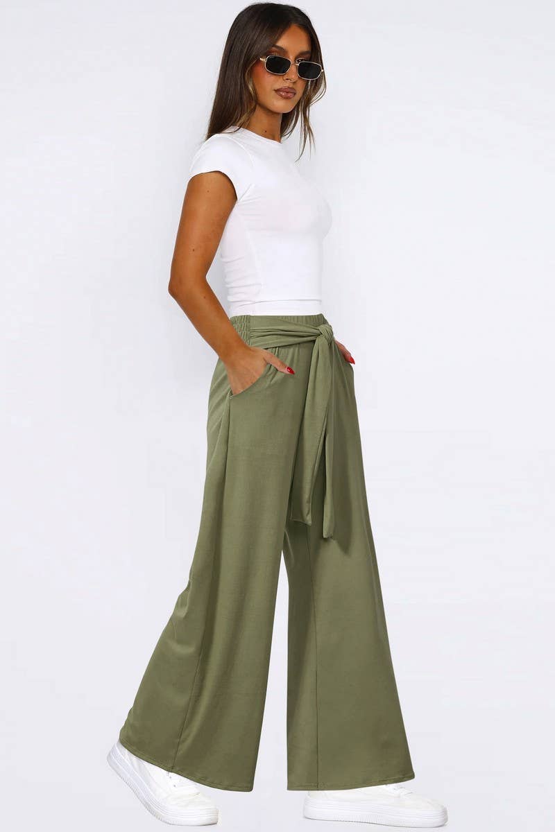 CWBLP1861_SOLID COLOR DRAPE LACE-UP WIDE-LEG PANTS