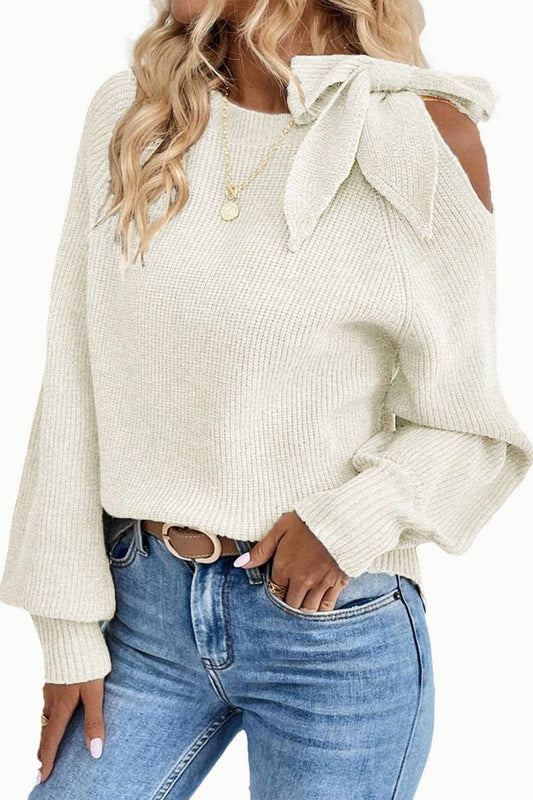 CWOSWL07629_ONE SHOULDER BOW TIE LANTERN SLEEVE SWEATER