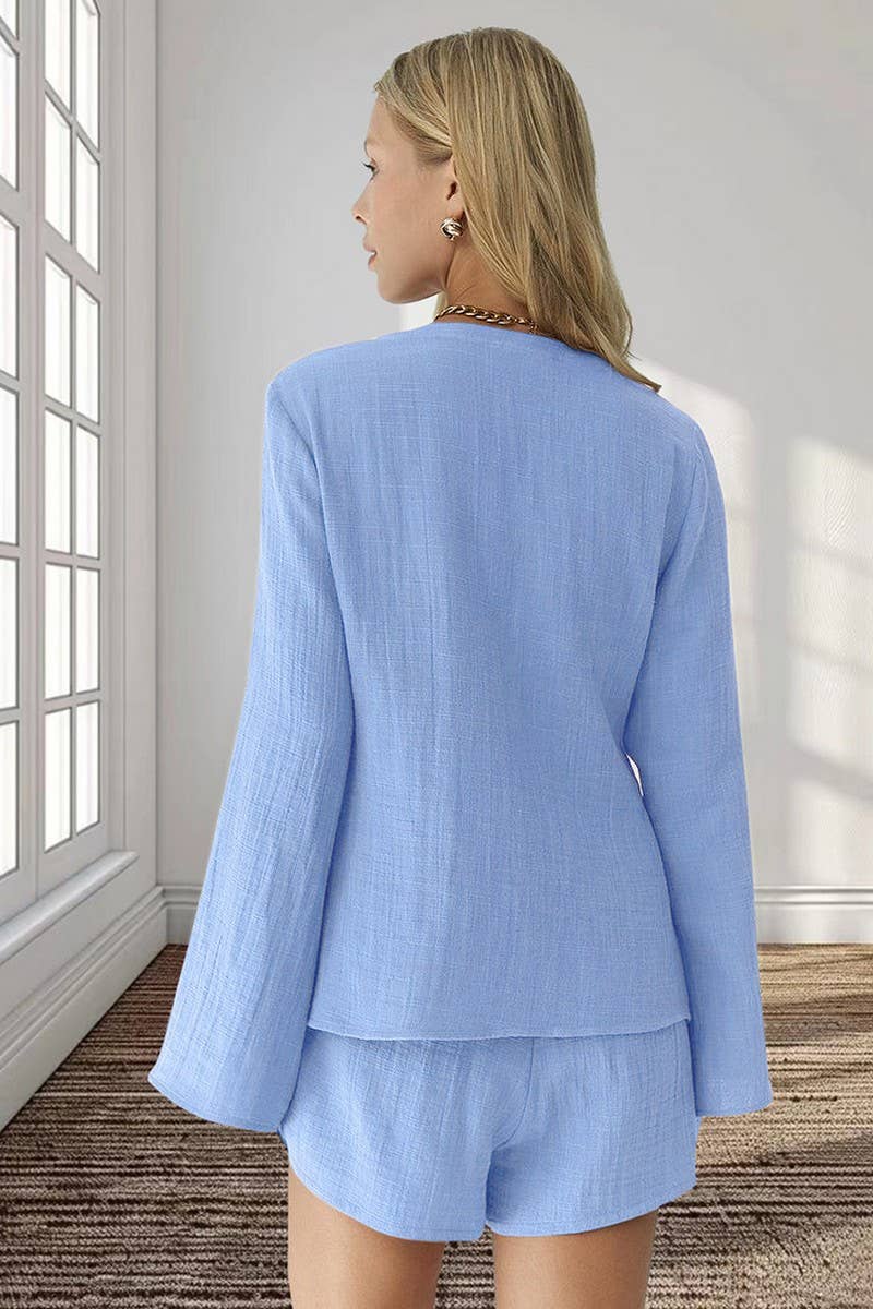 CWSPJ0327_CARDIGAN TIE LONG SLEEVE SHORTS PAJAMA SET