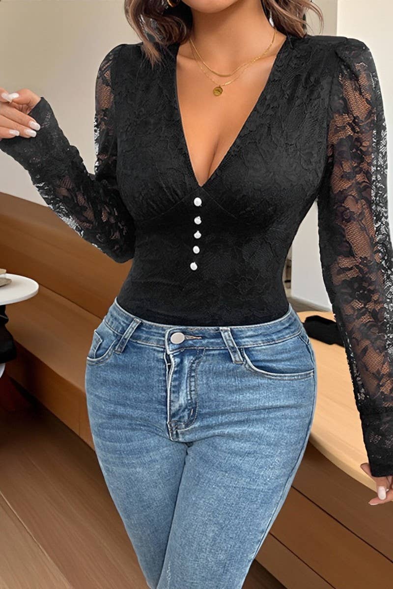 CWSBSL00028_VINTAGE LACE DEEP V LONG SLEEVE BODYSUIT